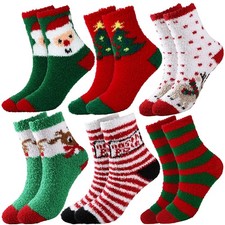 6 Pairs Christmas Socks - Fuzzy Christmas Socks, Colorful Warm Slipper Socks ...