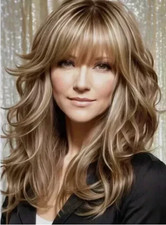 Human Hair New Fashion Women's With Bangs Long Blond Brown Wavy Wigs 22 Inch