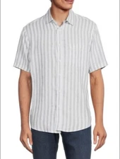 Saks Fifth Avenue Men's Linen Blend Button Down Shirt M Blue White Stripe NWT