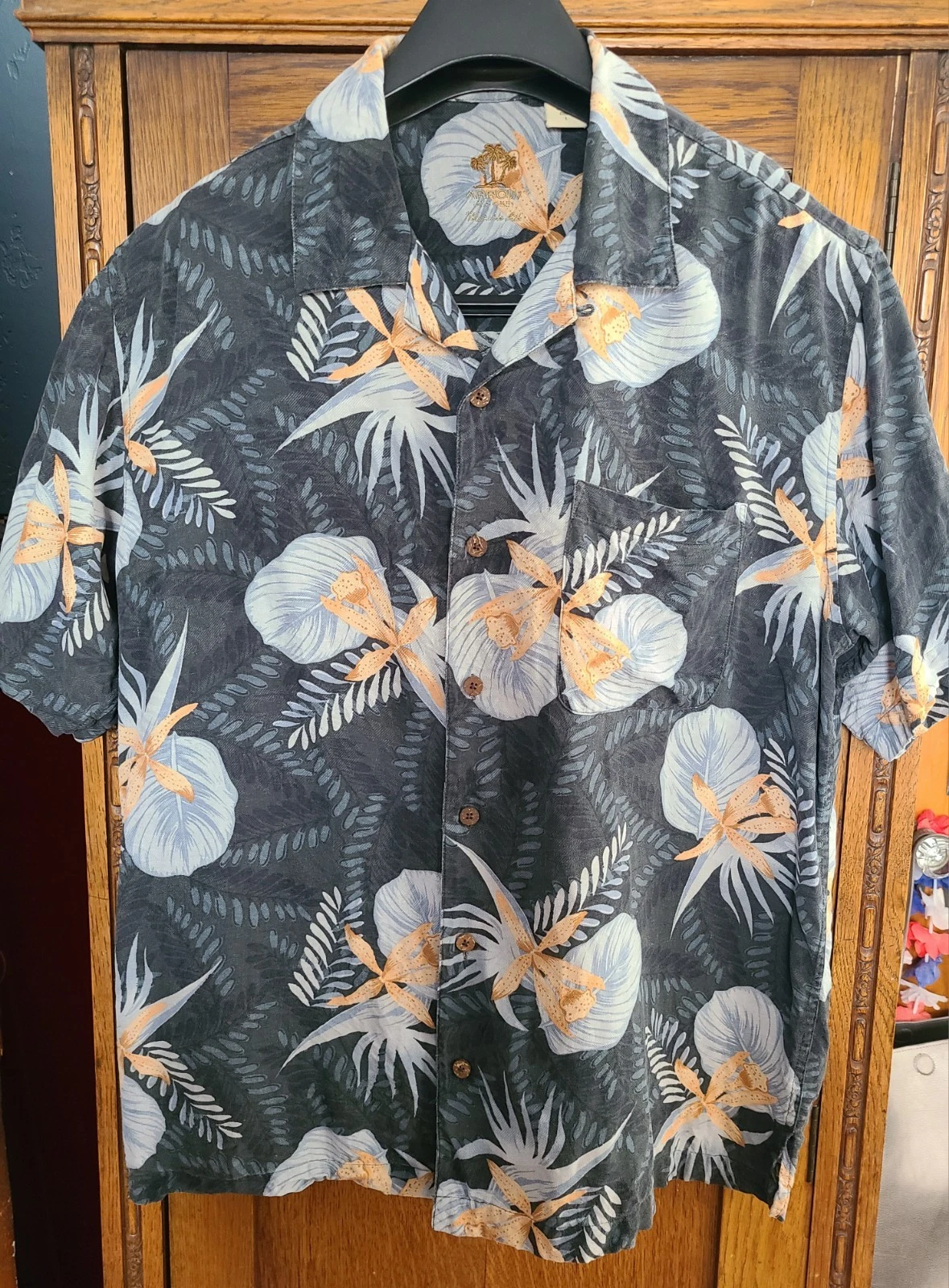 Arrow Button-Down Silk Tropical Shirt Men's L Short Sleeve Resortware Hawaiian
