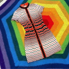 60  s Vintage R K Knits White Blsck Orange Chevron Stripe Mod Midi Dress