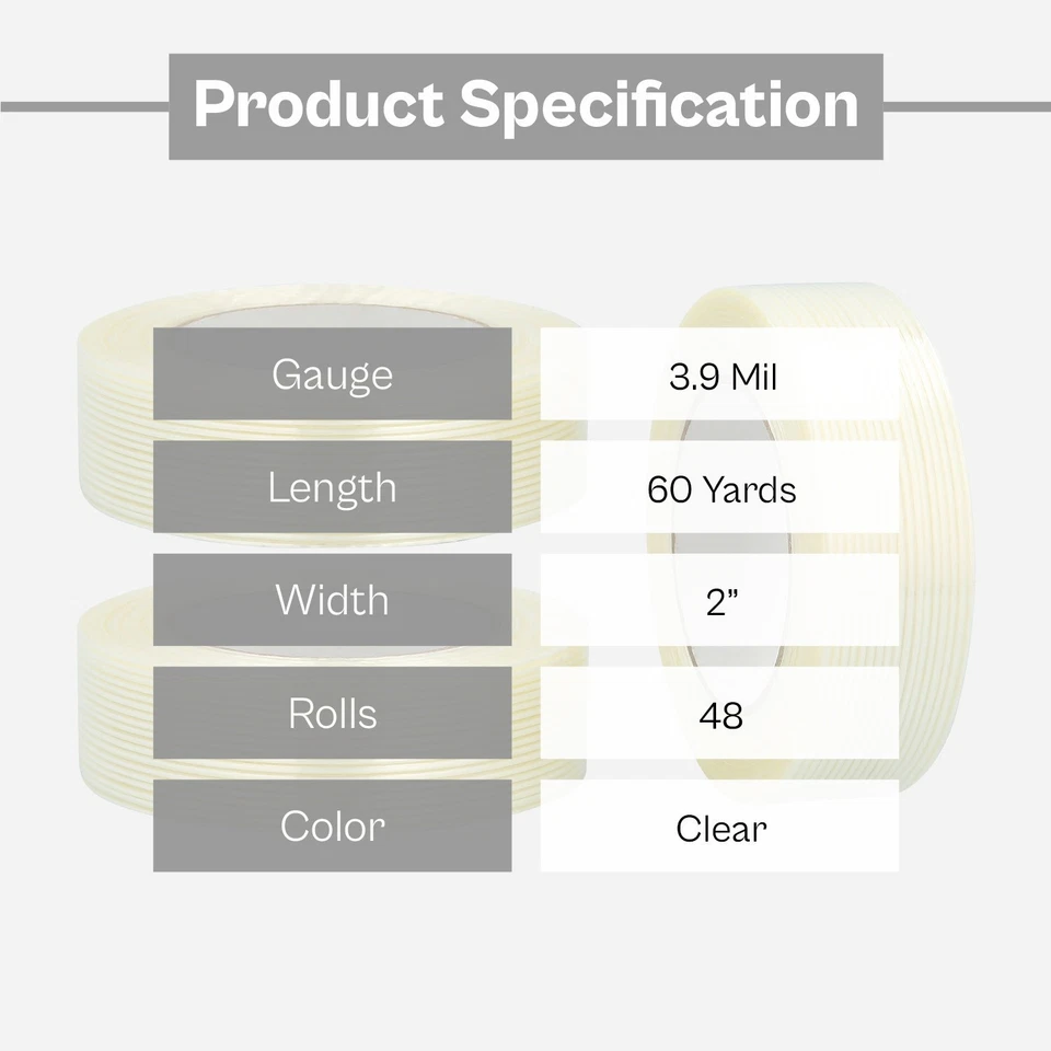 Прозрачная лента из стекловолокна с нитью накаливания эконом-класса 2 дюйма x 60 ярдов 4 мил 48 рулонов - Изображение 3 из 4