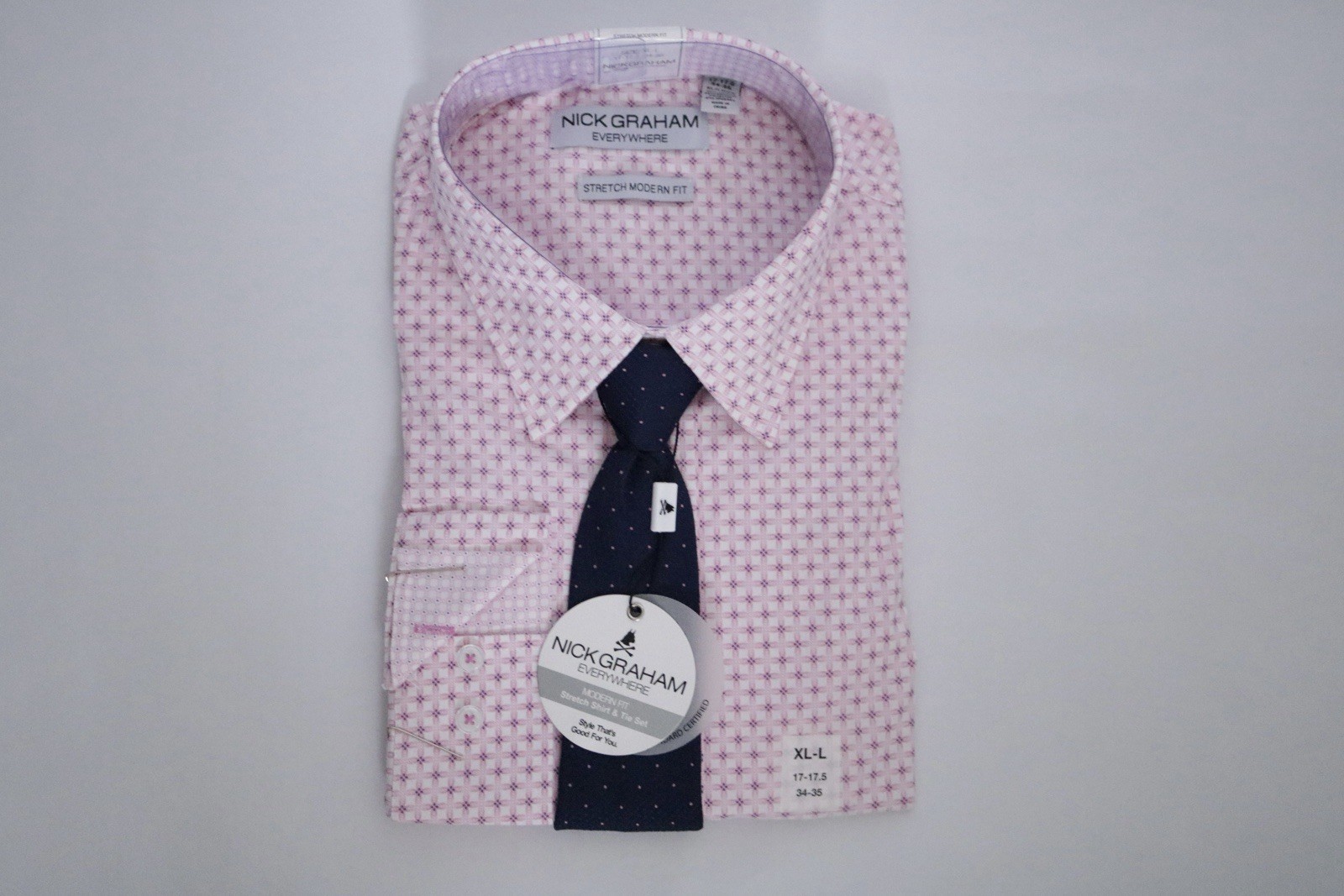 Nick Graham Men's Stretch Modern Fit Geometric Dress Shirt Pink (XL-L)