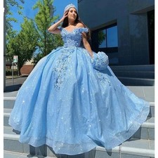 Blue Quinceanera Dresses Off Shoulder Lace 3D Flowers Prom Ball Gowns Sweet 16