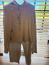 Women's Gray Ribbed Knit 2-Piece Set M Hooded Long Sleeve Hoodie  Pants
