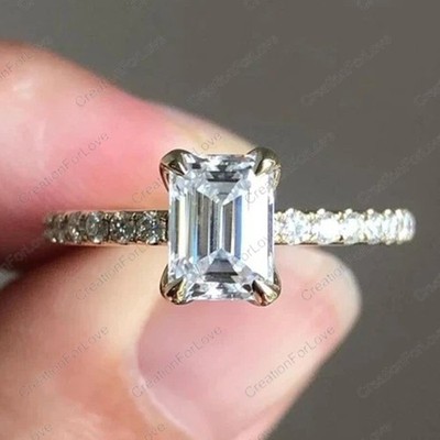 2.70Ctw Emerald Cut Moissanite Solitaire Engagement Ring 14k Yellow Gold Plated