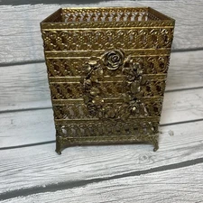 Vintage Mid Century Gold Filigree 3D Floral Wreath Tissue Box Holder Cover