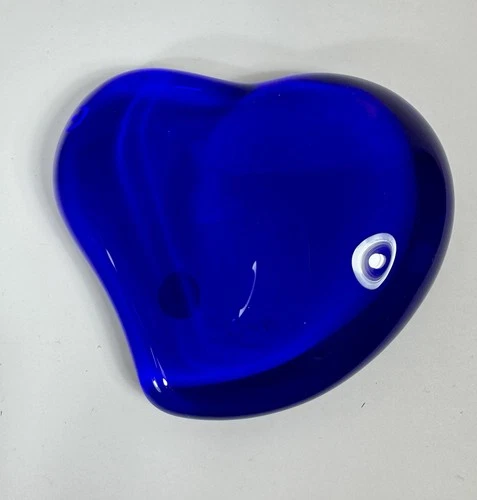 Tiffany & Co. Glass Paperweight Cobalt Blue Heart  Shaped Signed 4” Vintage