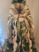 The Goldie Champagne and Gold Christmas Tree Topper Bow, sparkly Xmas ribbon