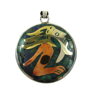 Mexico Sterling Silver Turquoise Pendant Gold & Copper Face Warrior Tri Tone