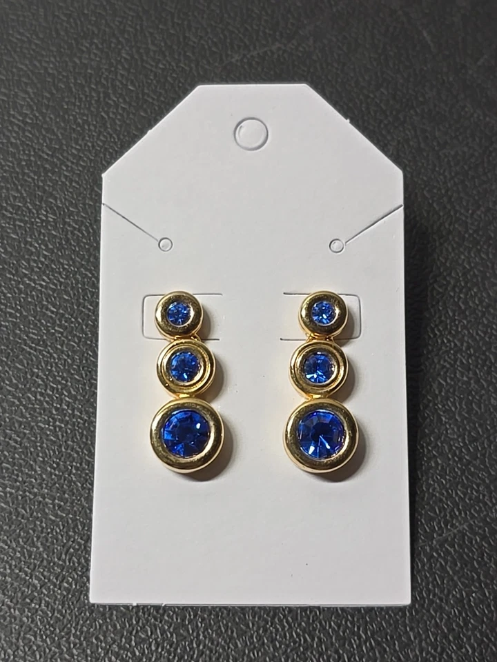 Pendientes colgantes Swarovski genuinos tono dorado con poste trasero zafiro azul... Foto 2 de 4