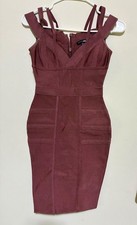 HOUSE OF CB Burgundy Strappy Bodycon Dress V-Neck Sleeveless Knee Length XS