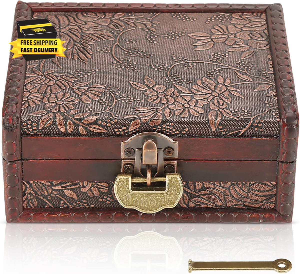 Vintage Decorative Wooden Box with Lock and Key, Wooden Box with