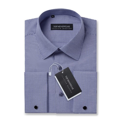 MENS DARK BLUE DOUBLE CUFF OXFORD SHIRT SMART CASUAL FORMAL LONGSLEEVE - Afbeelding 4 van 14