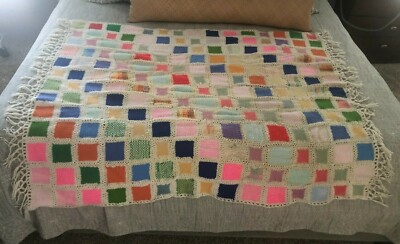 Vintage Afghan Quilted Yarn and Wool Squares 64 W x 49.75 T'' Boho Child Bright