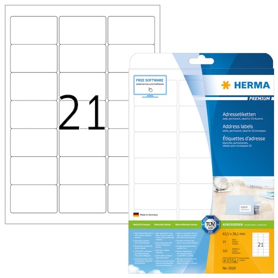 Herma 5029 Adressetiketten Premium A4 63,5X38,1 Mm Weiß Papier Matt 525 St.-image