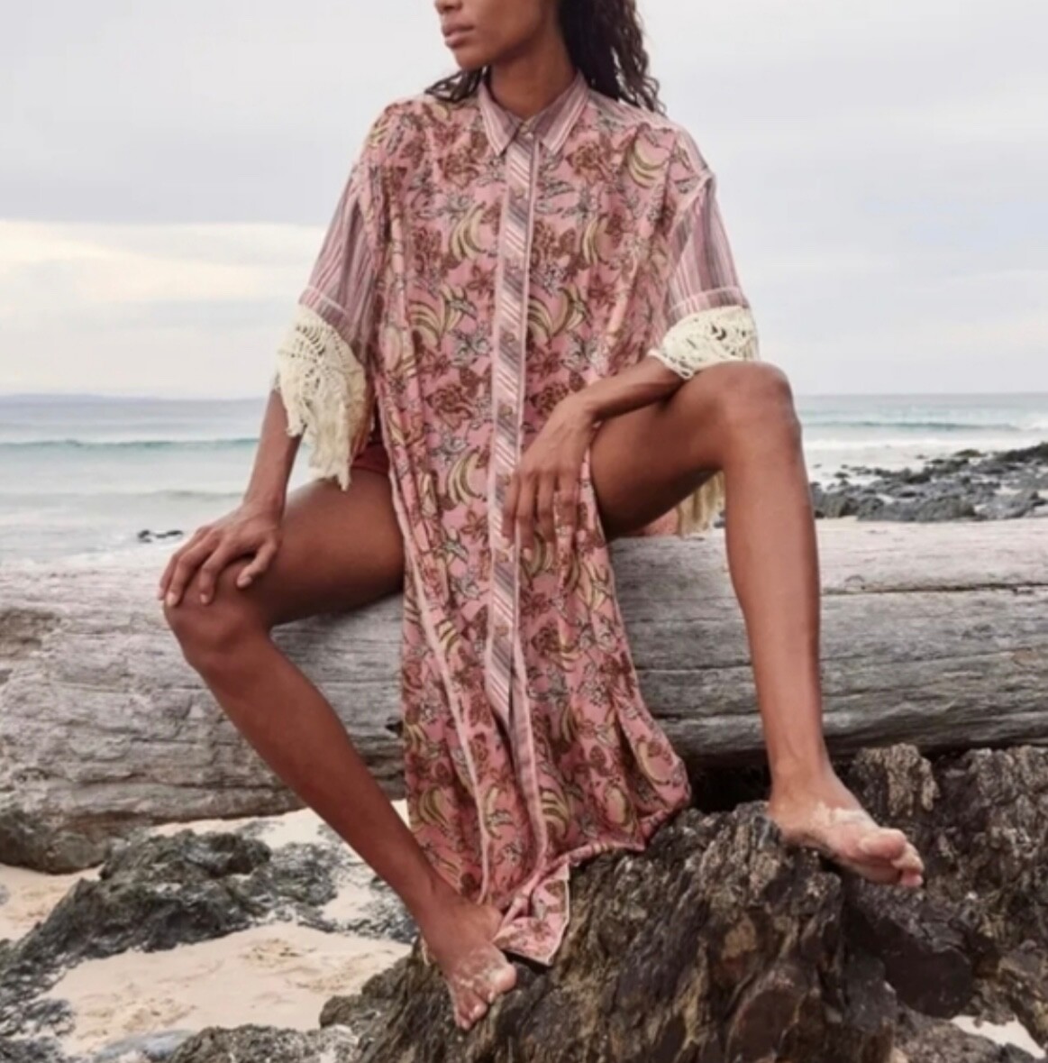 Free People Watching Waves Mauve Boho Maxi Shirt Dress AU 8-10 US 6-4 BNWT