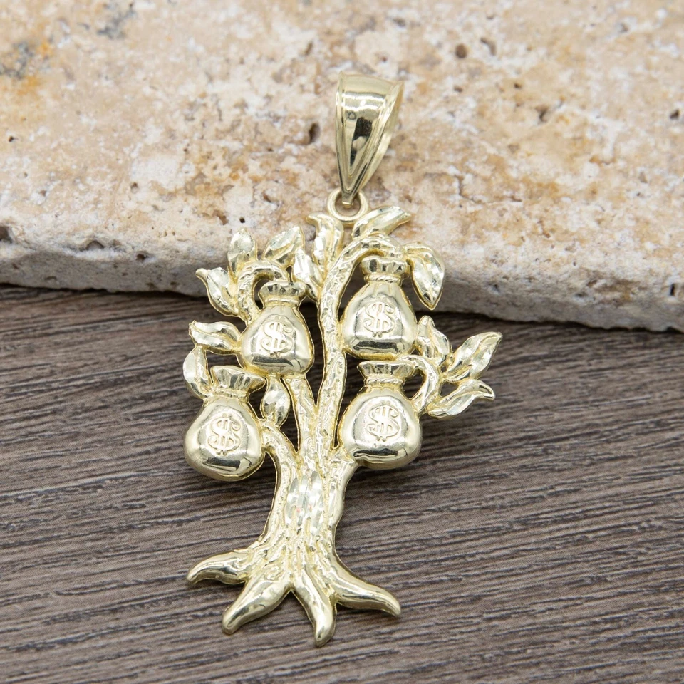 Bolsa de Dinero Corte Diamante Árbol Suerte Colgante Real Oro Amarillo 10K - Todos los Tamaños Foto 3 de 4