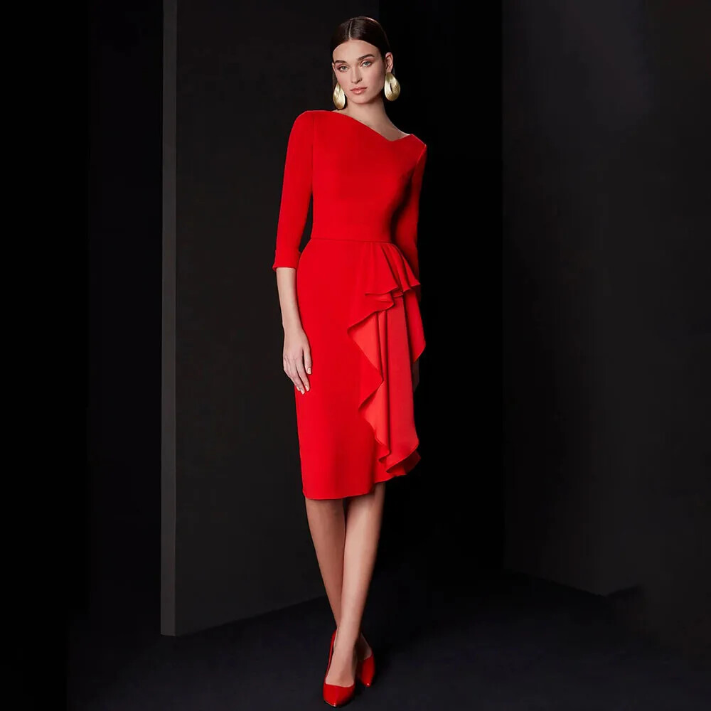3/4 sleeve formal dresses knee length Sleeves Sheath Short Cocktail Gown Ruffle V Neck Party Dress knee length formal a line dress