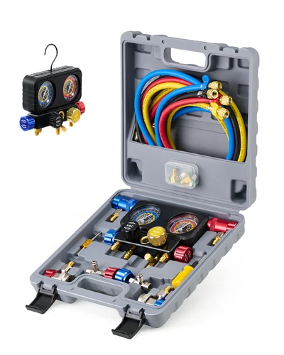 4 Way HVAC Gauges with 5 FT Hoses AC Manifold Gauge Set for R1234yf R404a R134a