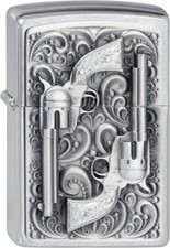 ZIPPO chrom gebürstet Plakette Revolver 2001654   Metall Geschenkverpackung