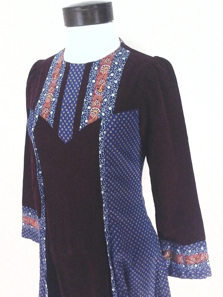 Vestido Vintage Pradera Borgoña Pana Azul Multi Floral Boho Maxi XS ¡RARO! Foto 2 de 4