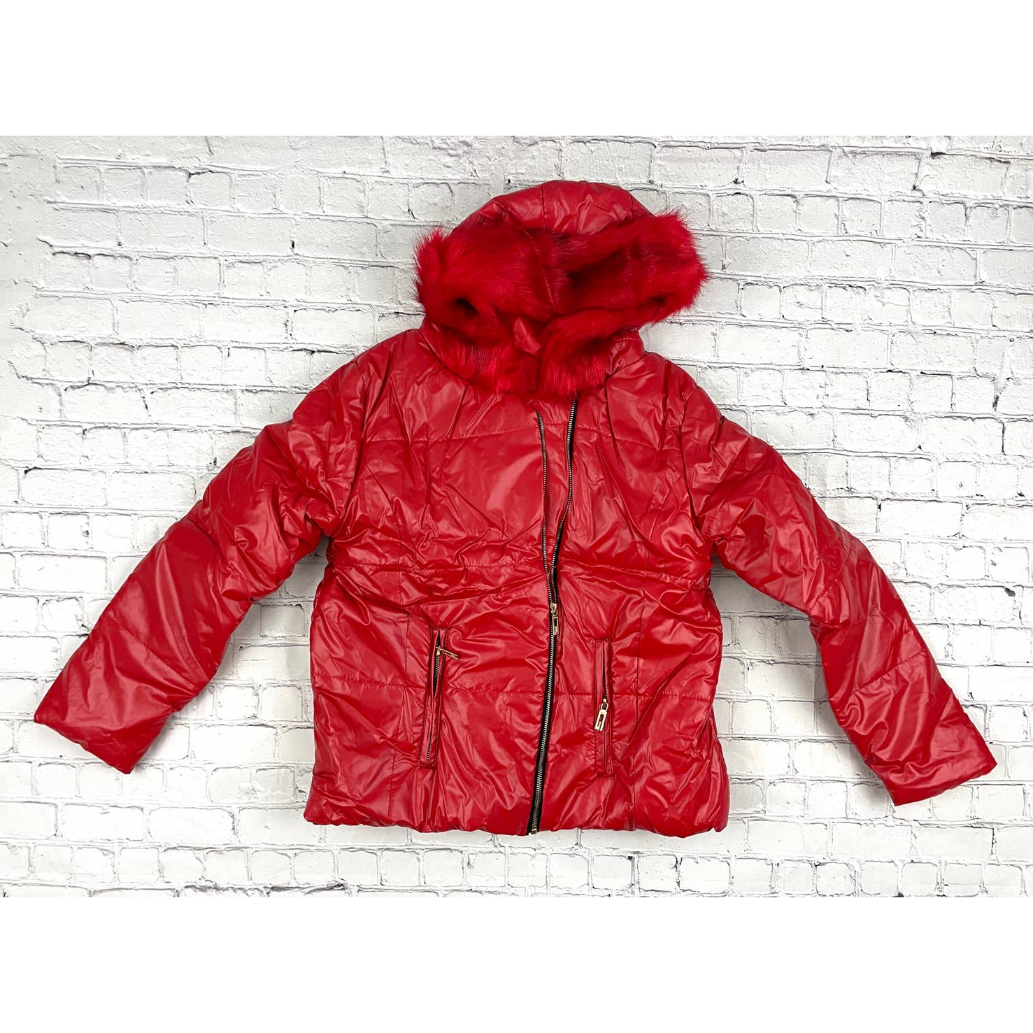 Red Hooded Puffy Jacket Fuzzy Hood Sz 