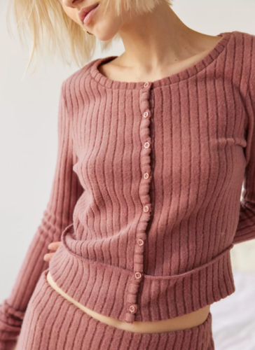 Urban Outfitters Out from Under Suki Ribbed Cardigan Size Medium PinkBlush Mauve - Picture 1 of 6
