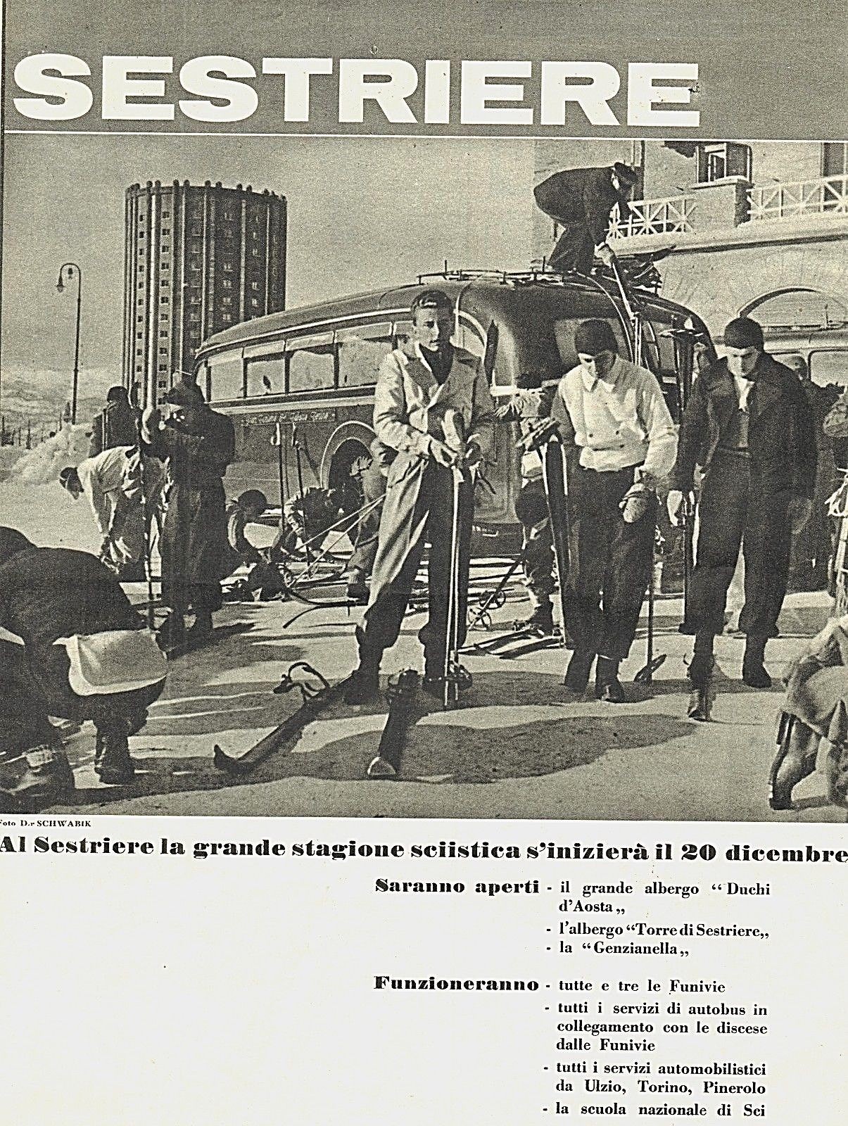PUBBLICITA' 1939 SESTRIERE TORRE AUTOBUS SCIATORI SCI STAGIONE TURISTICA HOTEL