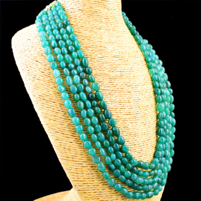 700.00 Cts Earth Mined 5 Line Green Emerald Oval Shape Beads Necklace NK 25E128