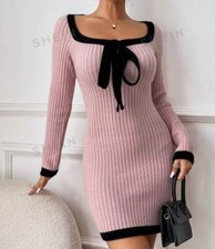 SHEIN Frenchy Pink w/ Black Contrast Trim Mini Sweater Dress Women Sz S Bow