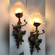 Victorian Mermaid Brass & Glass Wall Sconce Lamp - Solid Vintage Light