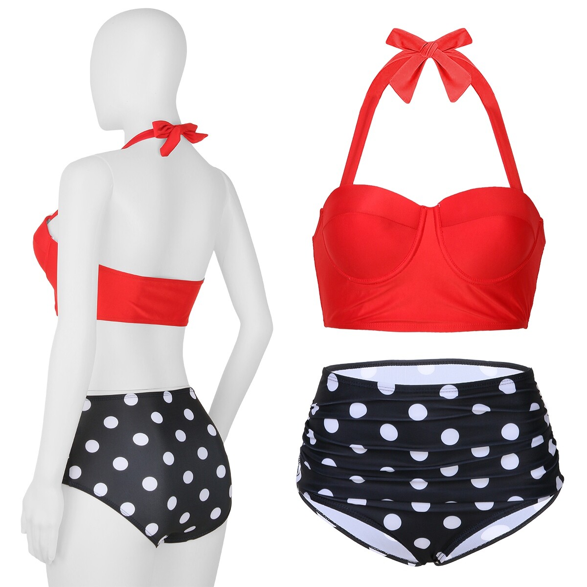 Retro Vintage High Waisted Swim Suits Bikini Set w/Adjustable Self-tie for  Women