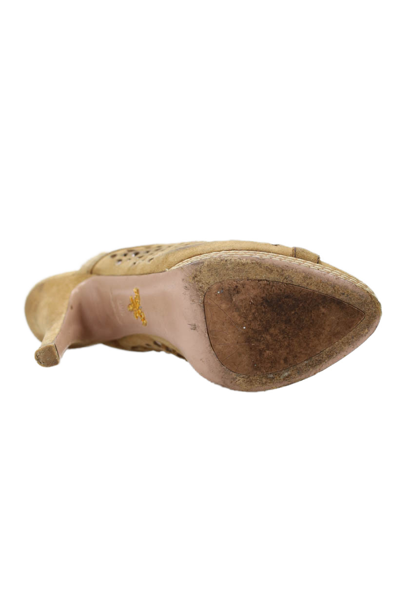 Prada Womens Stiletto Platform Laser Cut Ankle Strap Sandals Brown Suede 39.5 thumbnail 4