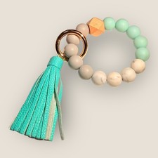 Green Gray White Beaded Keychain Keyring Bracelet Tassel