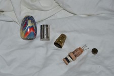 Vintage painted swirls wooden egg shaped travelling thimble sewing case kit