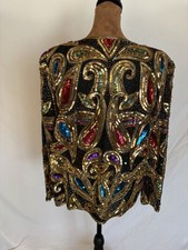 Vintage Laurence Kazar Beaded Sequin Cardigan XL Jewel 80s Glam Evening Jacket