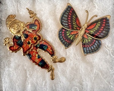 2 Vintage Brooches Pins GoldTone Enamel Articulated Clown & Butterfly Taiwan ROC
