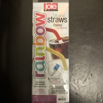 6 JOIE MSC 9'' Rainbow Colored Reusable Flexible SILICONE STRAWS & Cleaning Brush