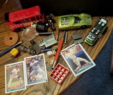 Junk Drawer Lot Wheat Pennies Lighter Coke Baseball Cards Dice Pencils Hot Wheel