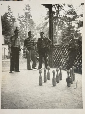  Photo Young Men Bowling Cone Ball Flying Leisure Nature 50s-60s 7x10