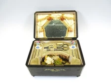 Antique French musical sewing box with Boule inlay, perfume bottles & key