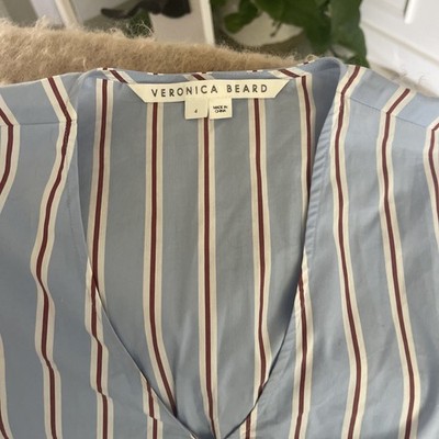 Veronica Beard 'Ozzie' Wrap-Style Long-Sleeve Top Aero Blue/Brick, Size 4