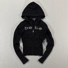 Y2K Bebe Knit Full Zip Hoodie Women s Small Black Rhinestone Ribbed