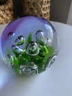 Vintage Murano?hand blown Controlled Bubbles Art Glass Paperweight. Purple Green