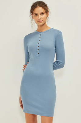 NWT Three Dots Long Sleeve Henley Washed Bodycon Mini Dress Bluestone Women's L
