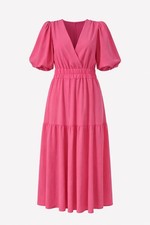 Hot Pink Puff Sleeve Midi Dress Women’s Large V-Neck Tiered Maximalist Resort