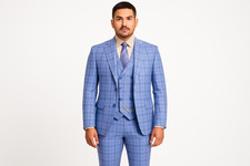 Vinci Modern Fit Peak Lapel Glen Plaid Men's 3-Piece Suit with Vest Light Blue