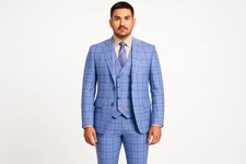 Vinci Modern Fit Peak Lapel Glen Plaid Men's 3-Piece Suit with Vest Light Blue
