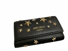 Jimmy Choo Neptune Leather Key Case Black Grainy Crystal Stars Japan